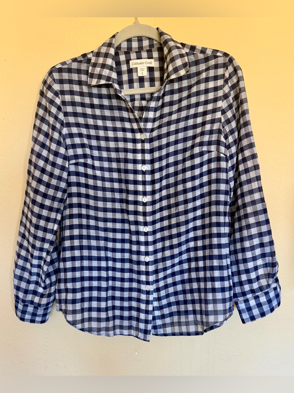 Coldwater Creek silk blendnavy blue and white gingham check button-down small